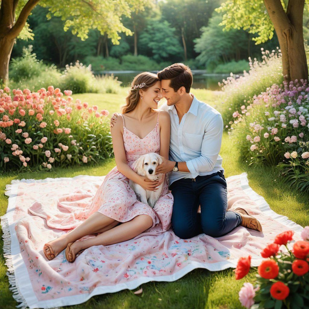 A beautiful and diverse couple joyfully embracing each other in a sunlit park, surrounded by blooming flowers and vibrant greenery. The scene radiates love and happiness, with warm smiles and sparkling eyes. Include elements like picnic blankets, a flowing stream, and playful pets, evoking a sense of connection. Soft pastel colors enhance the romantic atmosphere. painting. vibrant colors.