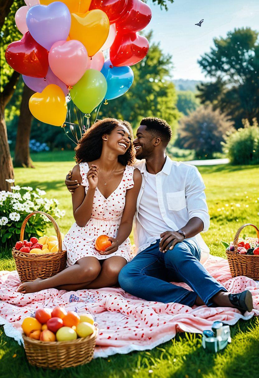 A warm and inviting scene featuring a diverse couple happily sharing a picnic in a sunlit park, surrounded by blooming flowers and butterflies. They are laughing, with heart-shaped balloons floating above them, symbolizing love and joy. In the background, a picturesque landscape enhances the feeling of romance. Elements like a cozy blanket, a basket of fruits, and a sparkling lake reflect successful relationships and happiness. vibrant colors. super-realistic.